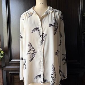 Wilfred Aritzia Blouse Bird Print Button Front Long Sleeve Cream Medium Minimal